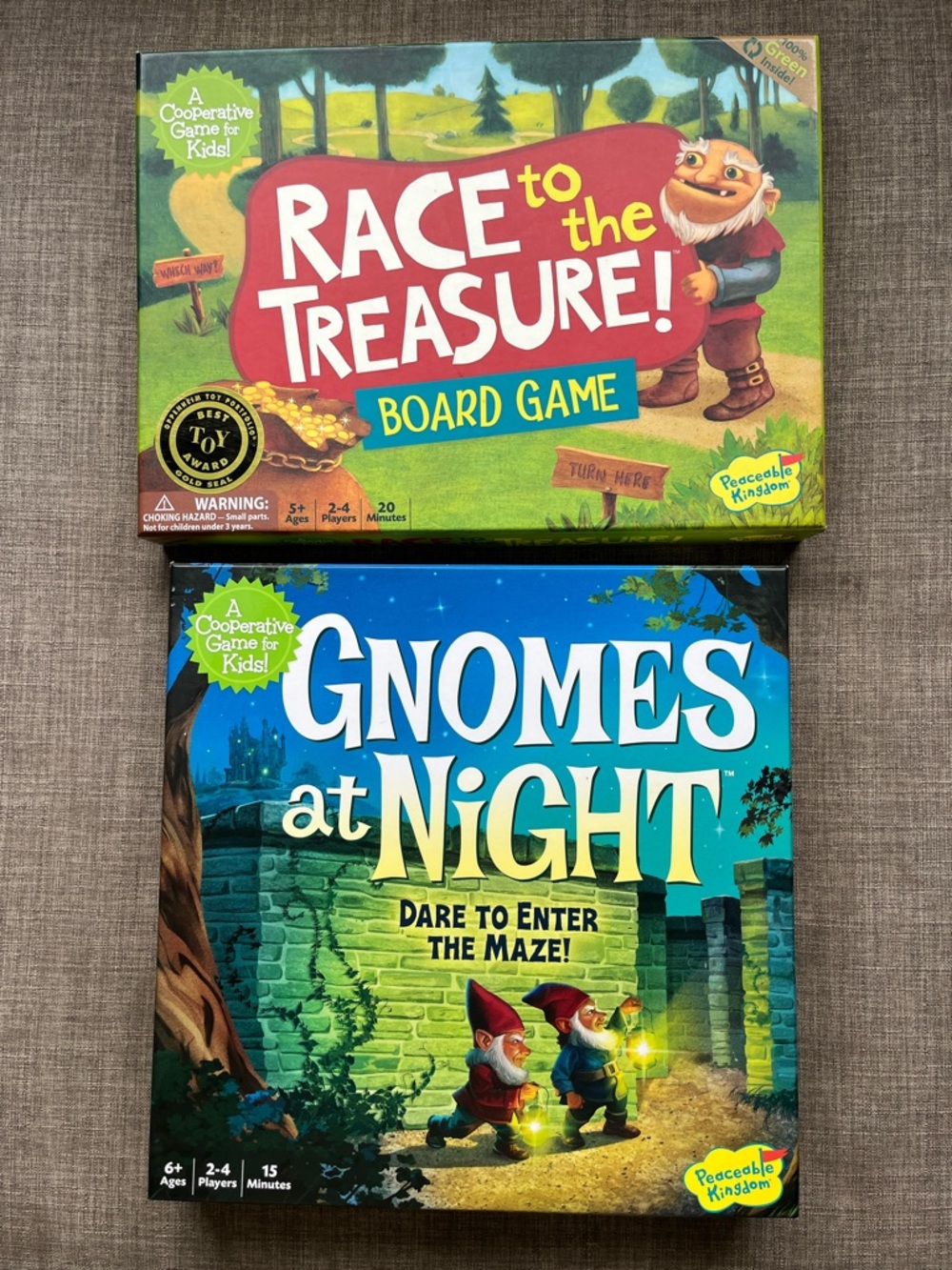 2 Peaceable Kingdom Cooperative Board Games Gnomes at Night & Race to Treasure